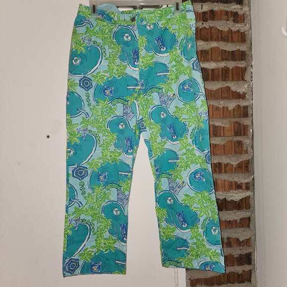 Lilly Pulitzer Vintage Crop Pants Poolside Print Green Aqua Size 8 Pockets - Picture 2 of 6